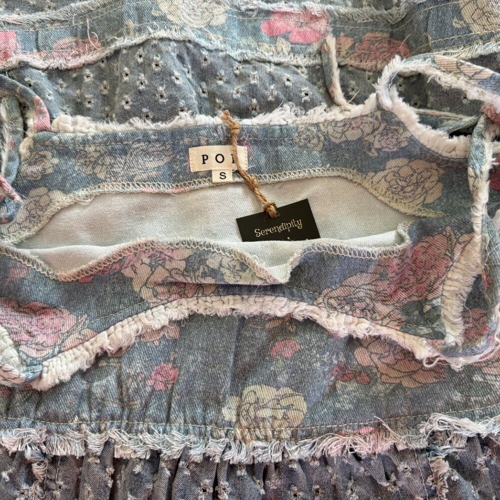 POL Bohemian Girly Cowgirl Strappy Denim Tiered Patchwork Maxi Eyelet Jean Dress - Picture 7 of 12